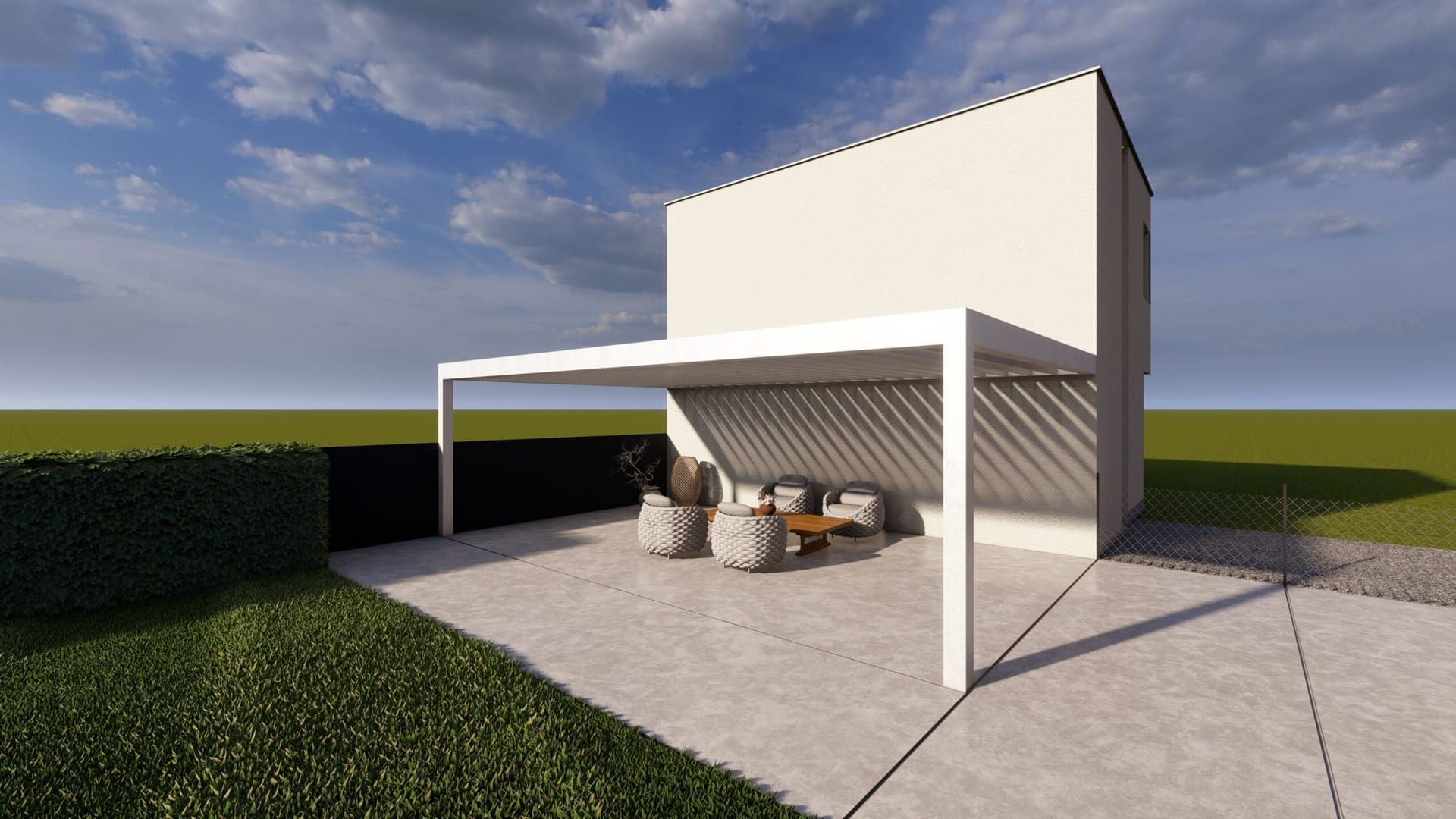 3D-ontwerp van een tuin met loungehoek onder pergola