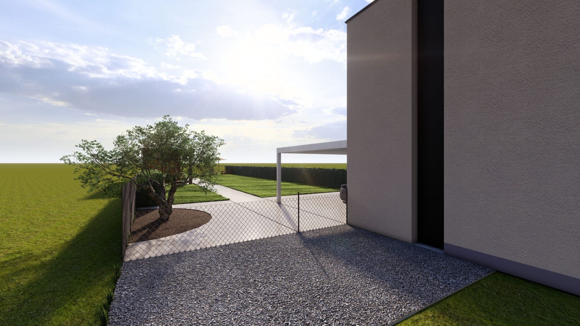 3D-ontwerp van een tuin met olijfboom en grindpad
