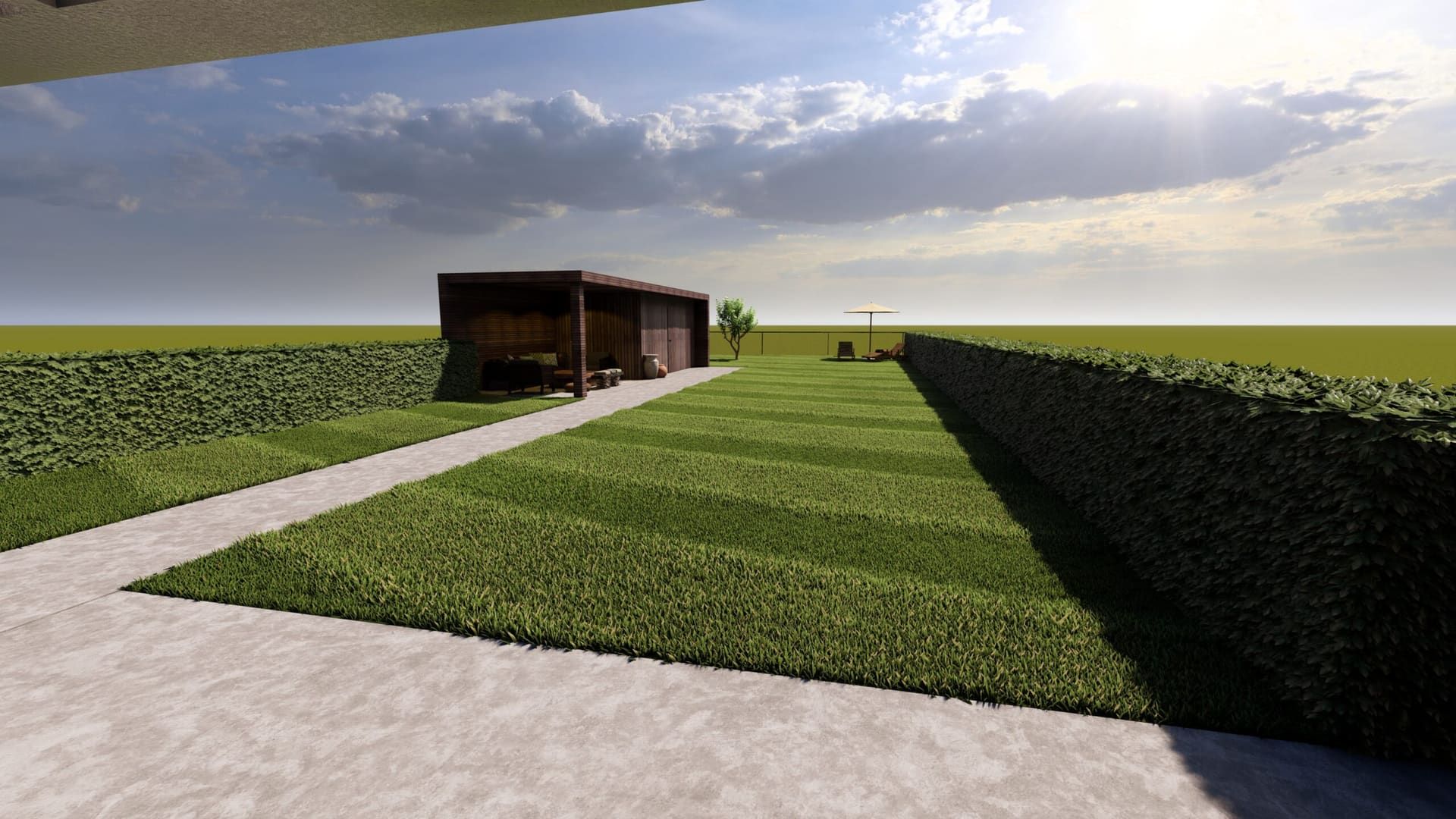 3D-ontwerp van een tuin met gazon, haag en zithoek