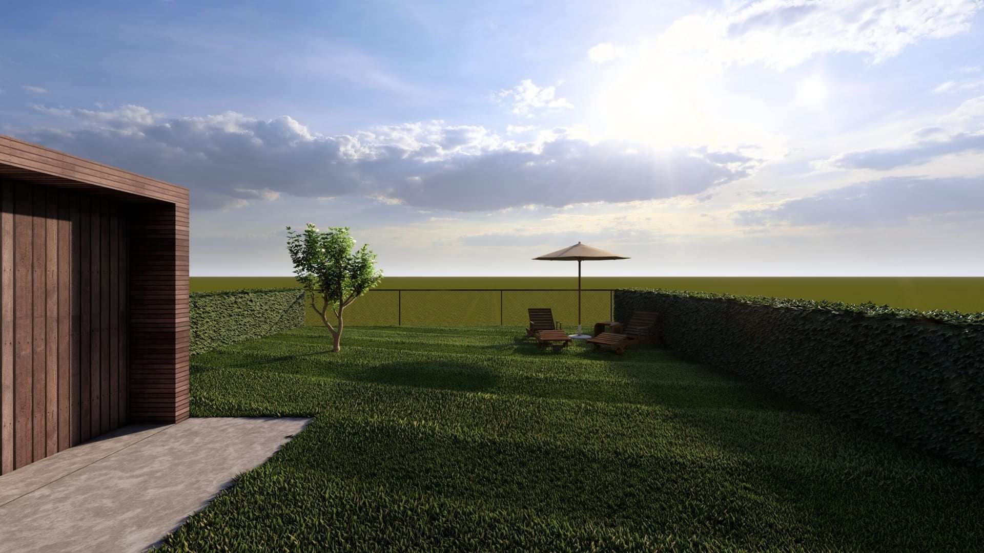 3D-ontwerp van een tuin met ligbedden en parasol