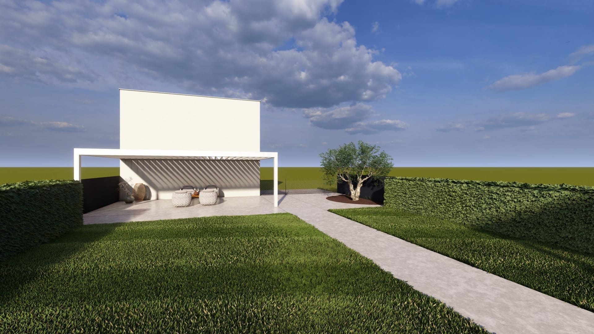 3D-ontwerp van een tuin met pergola en olijfboom