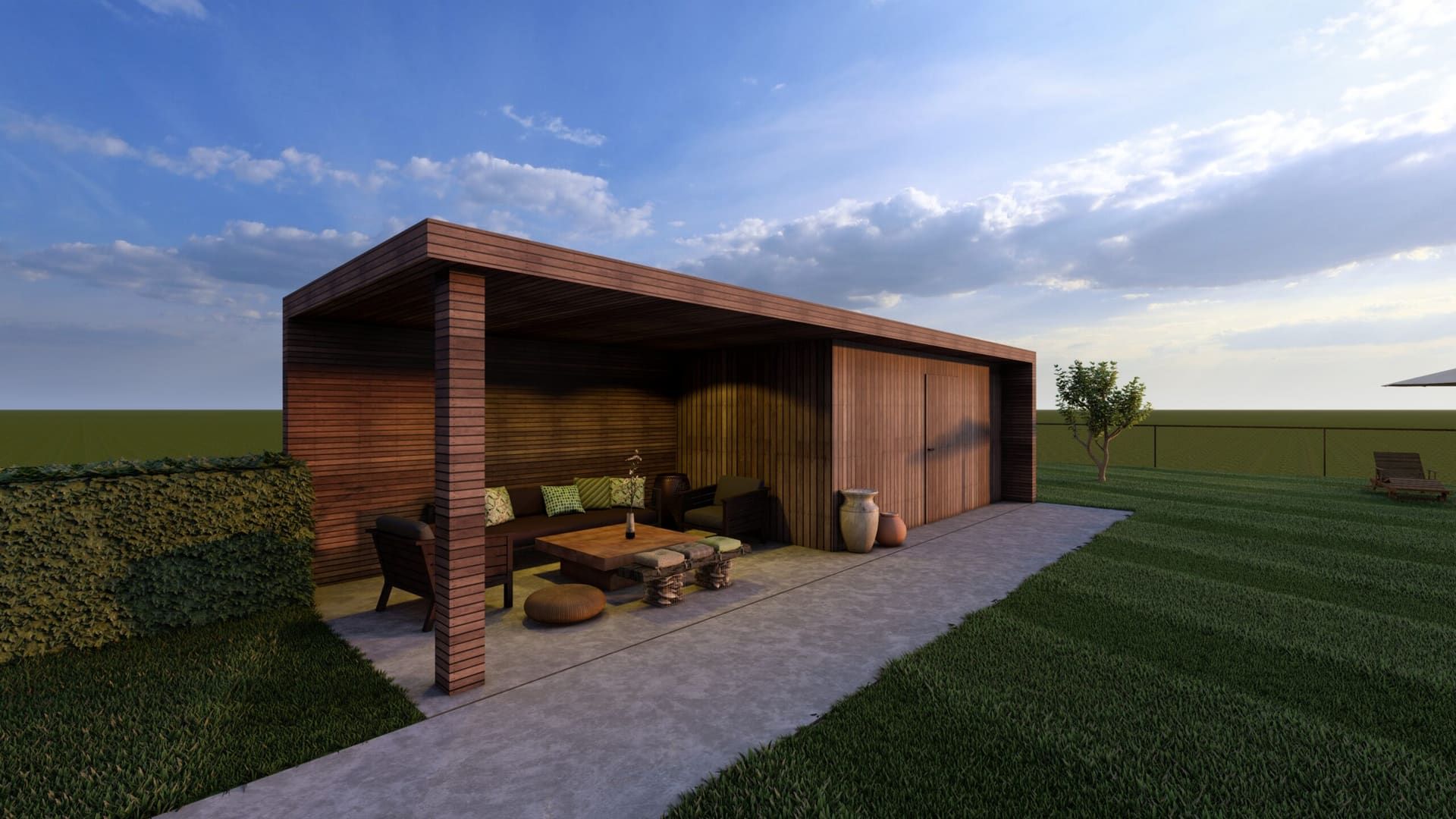 3D-tuinontwerp met houten pergola, loungehoek en terras, getekend door Mani Verdi