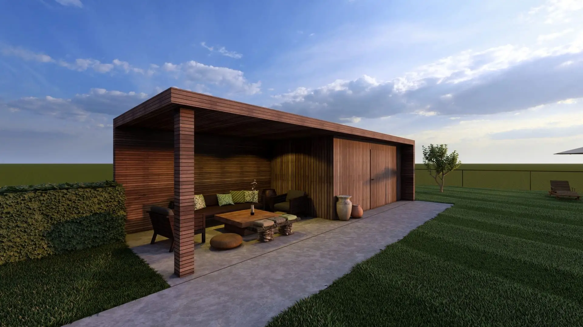 3D-tuinontwerp met houten pergola, loungehoek en terras, getekend door Mani Verdi